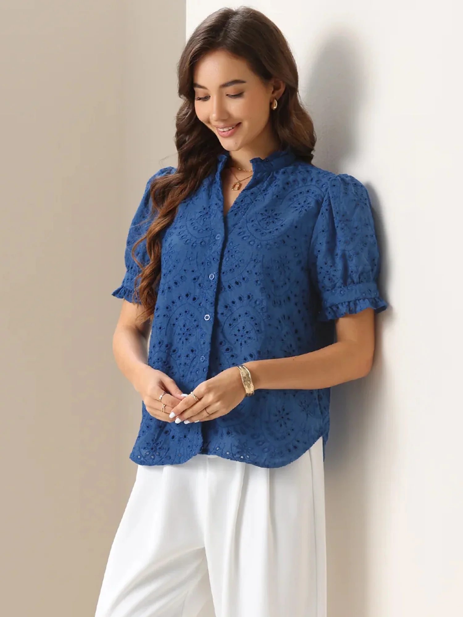 Puff Short Sleeve Notch Neck Buttons Eyelet Blouse