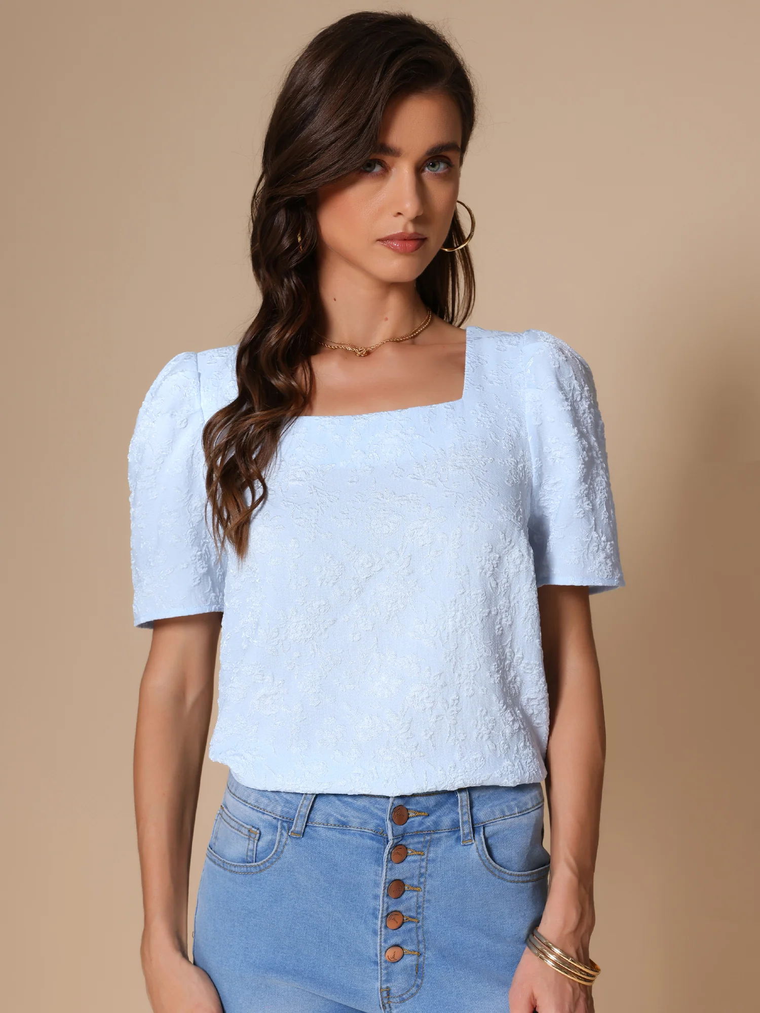 Square Neck Short Sleeve Floral Textured Blouse