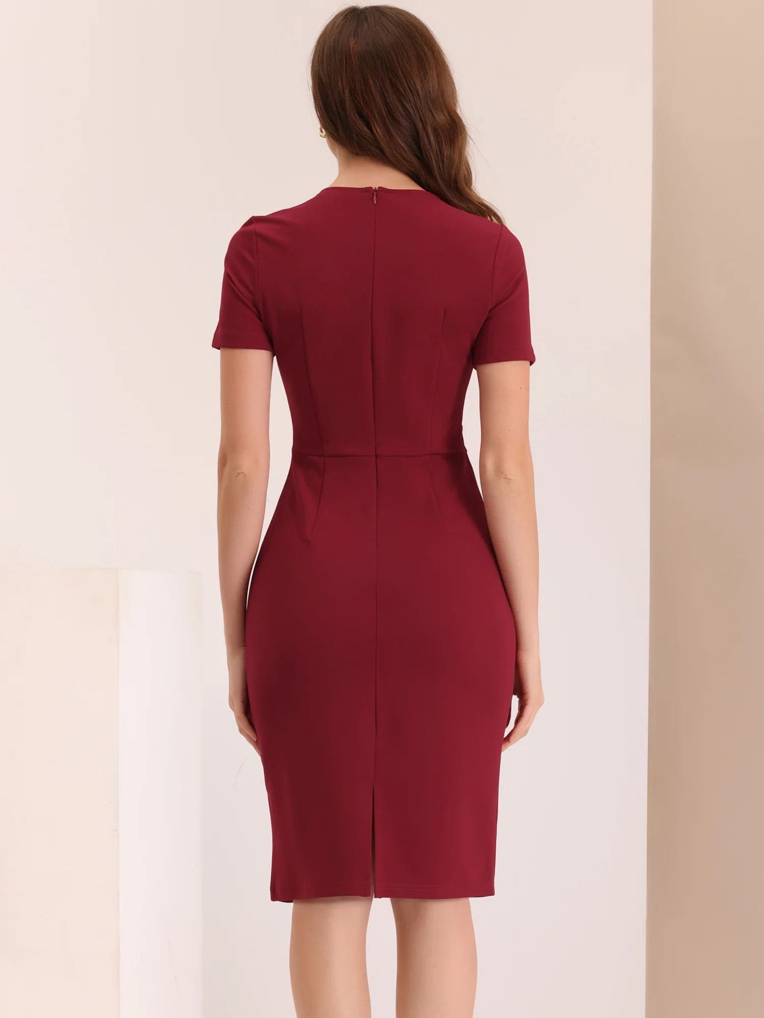 Short Sleeve Button Decor Bodycon Sheath Work Midi Dress