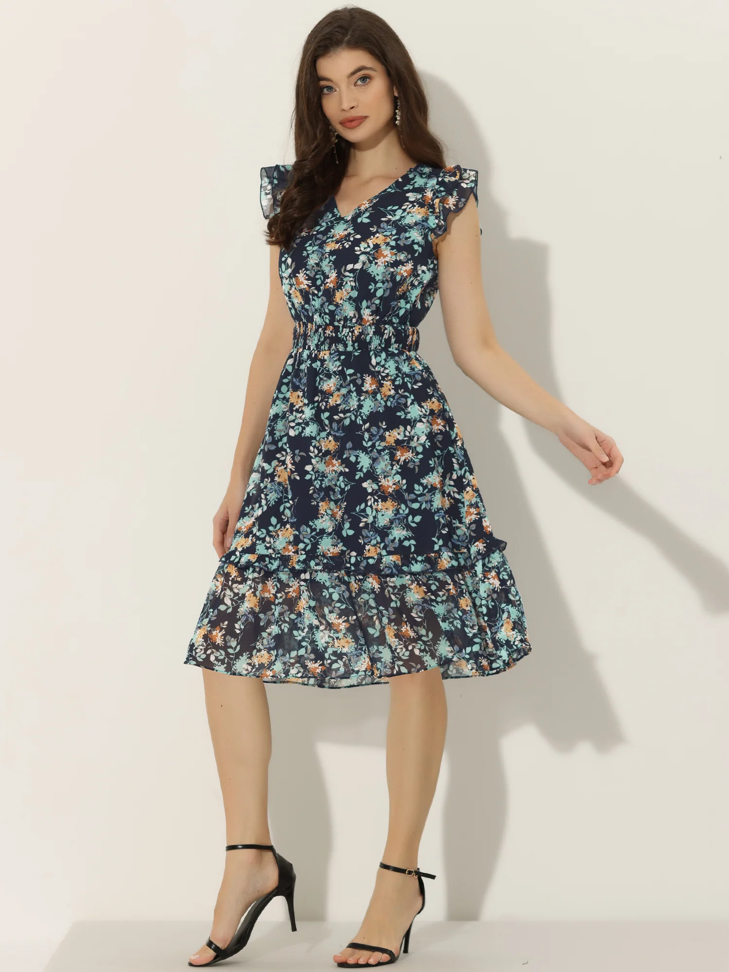 Floral Flutter Sleeve V Neck Smocked Ruffle Dress