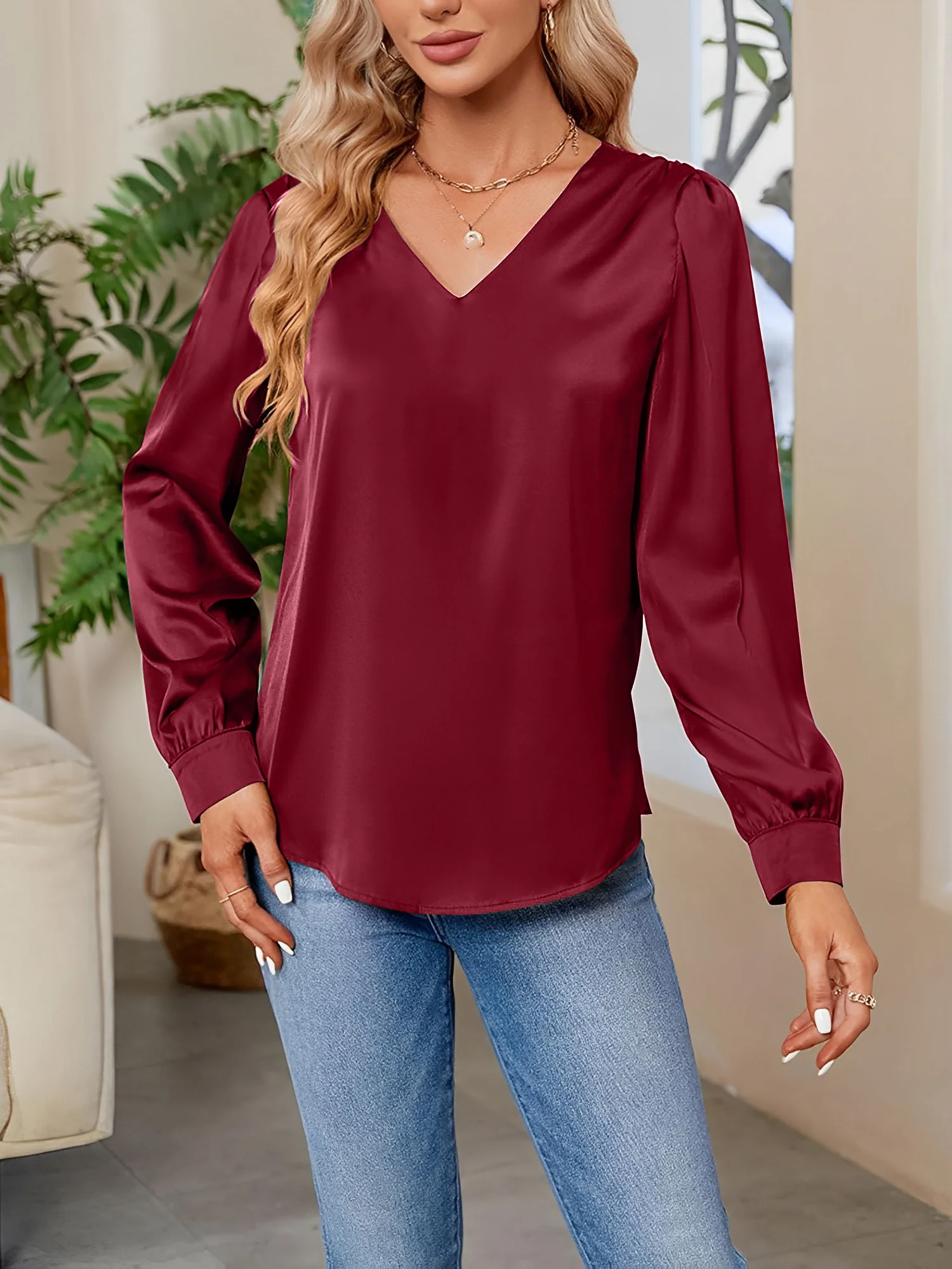 Satin Puff Long Sleeve V Neck Casual Blouse