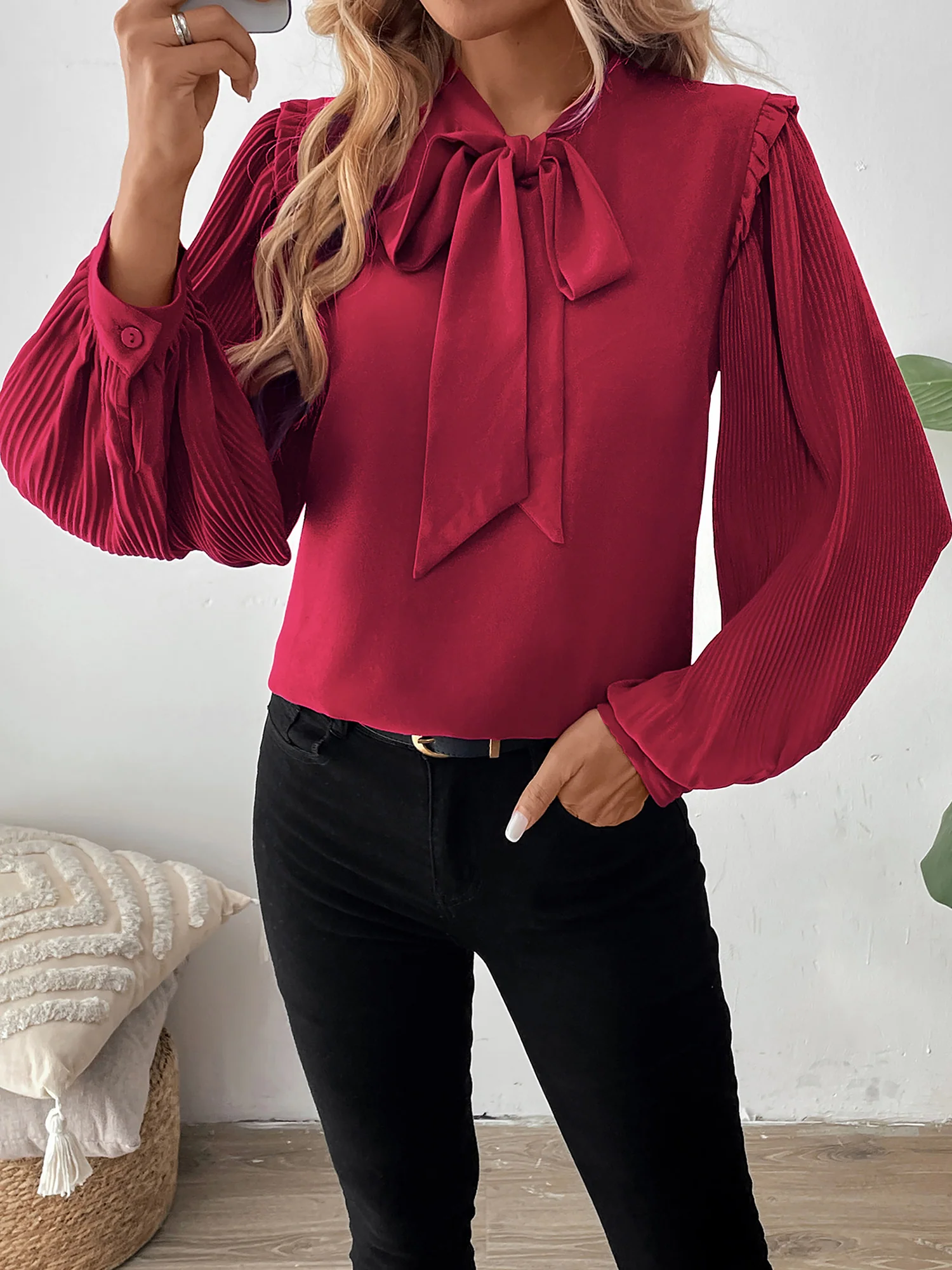 Pleated Long Sleeves Bow Tie Solid Color Blouse