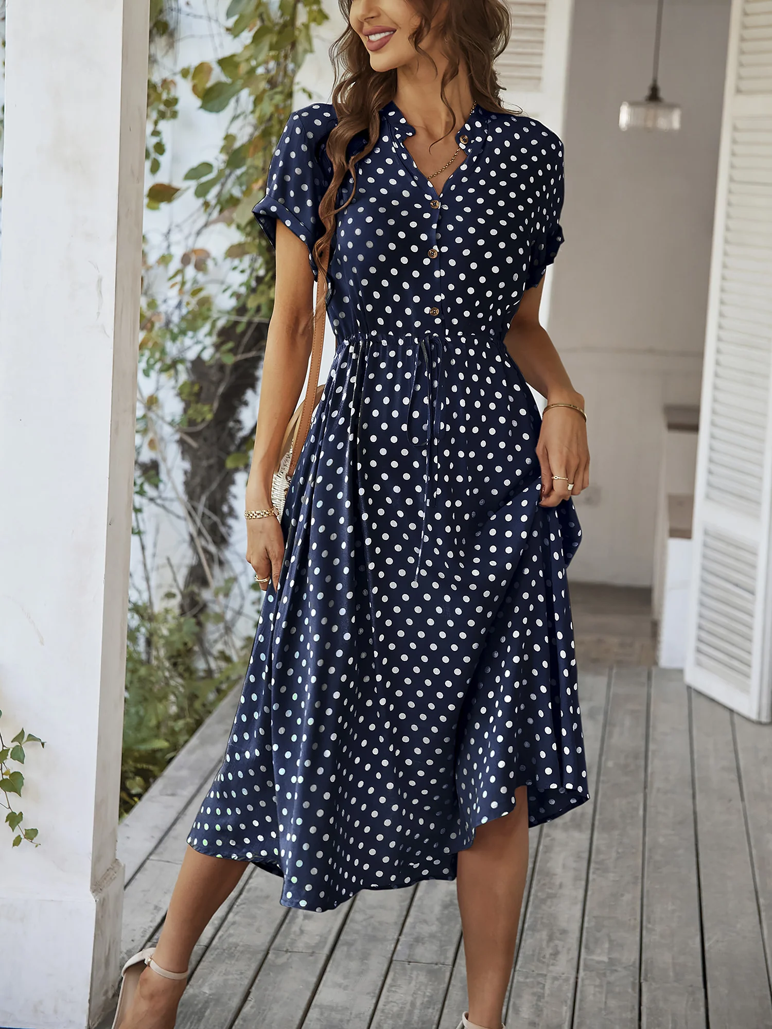 Polka Dot Short Sleeves Button Midi Shirt Dress