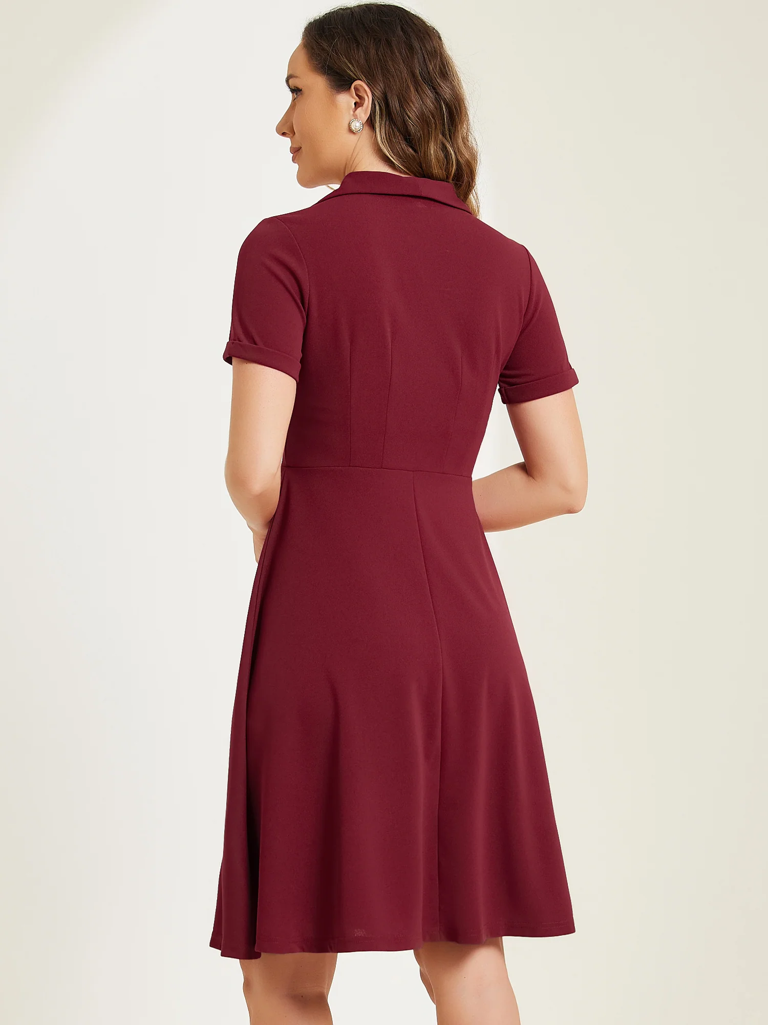 Vintage Flat Collar Solid Color Short Sleeve Fit and Flare Midi Dress