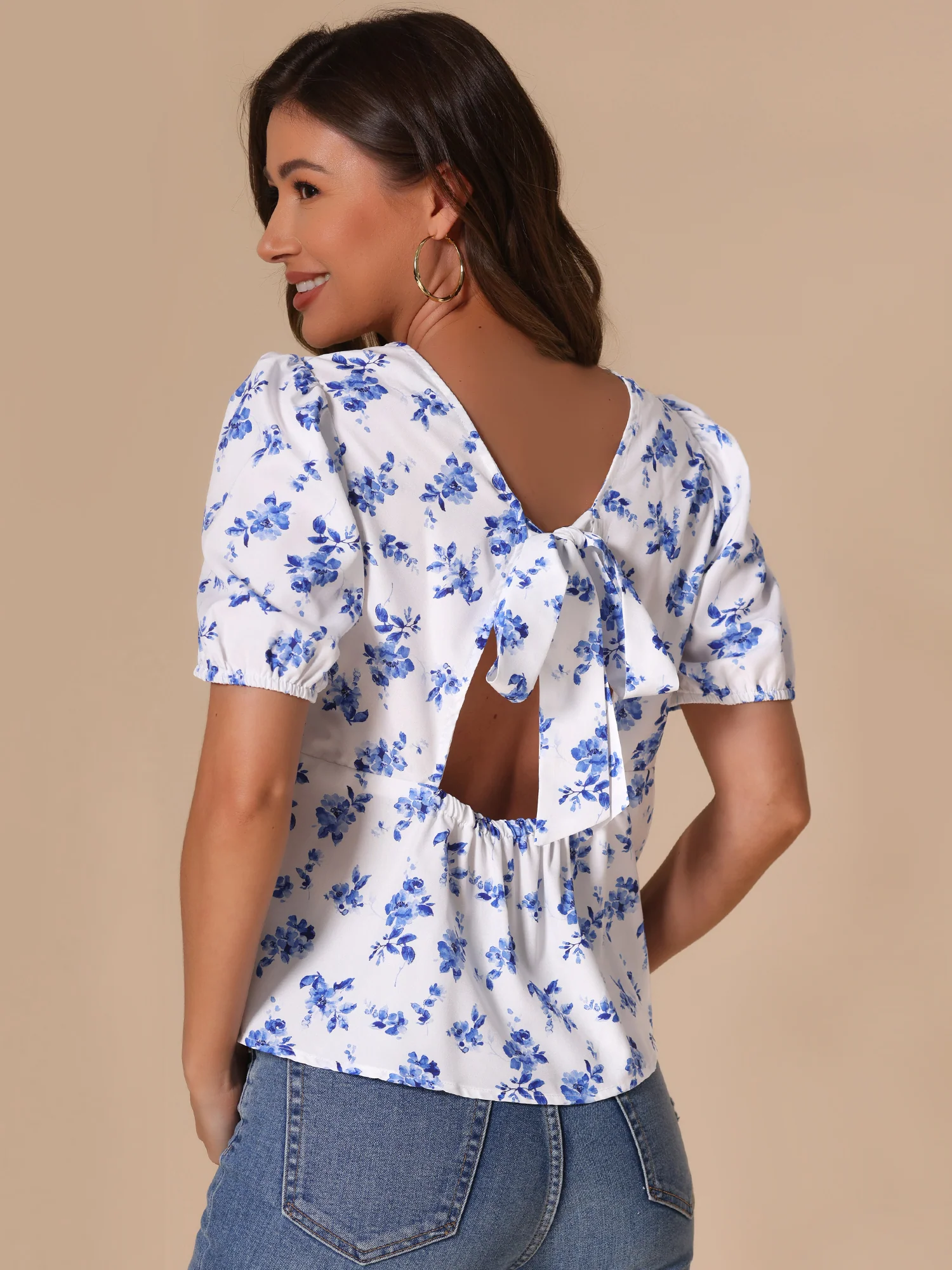 Floral Puff Short Sleeve Back Bow Blouse