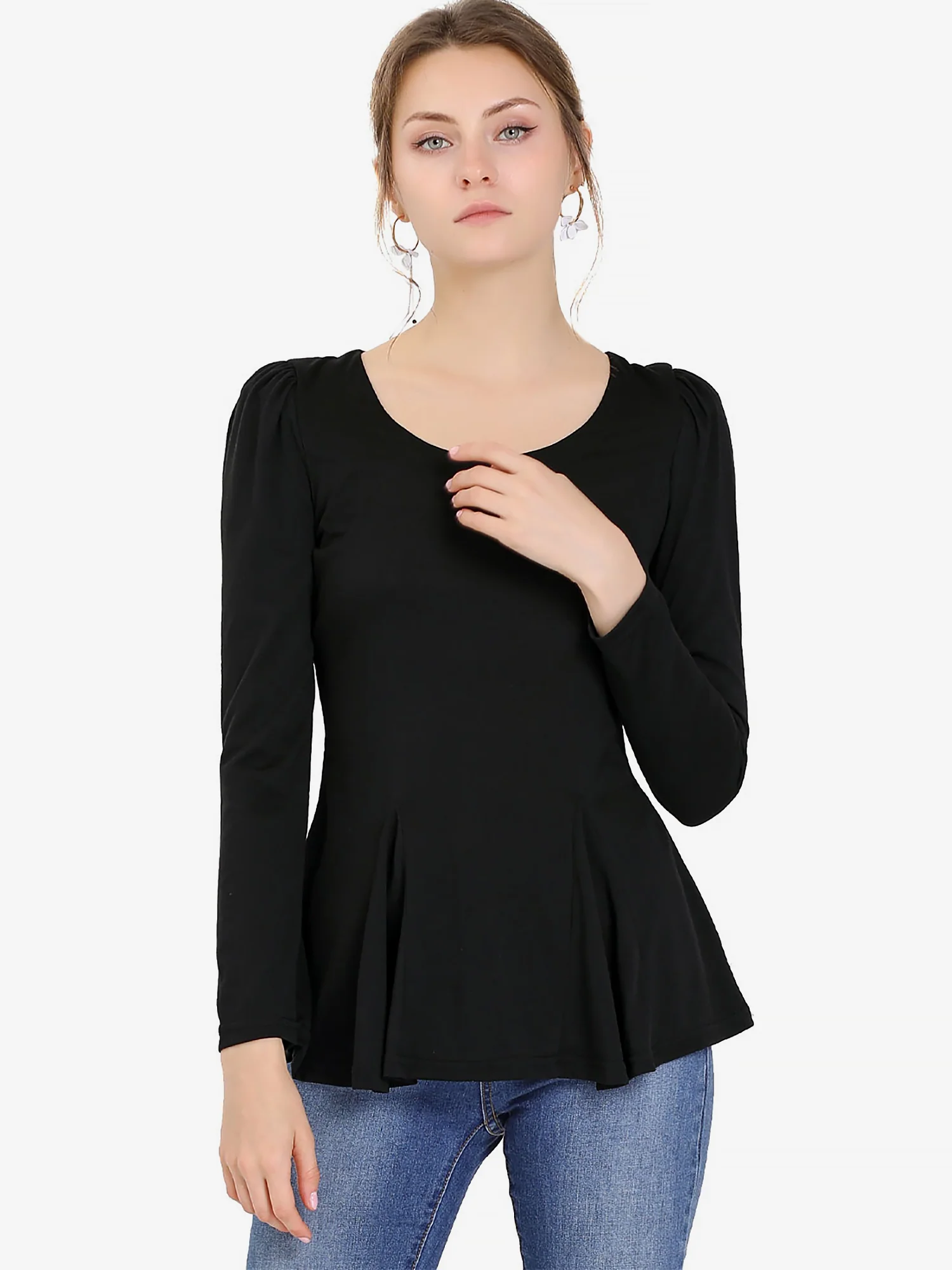 Long Sleeve Scoop Neck Casual Peplum Blouse