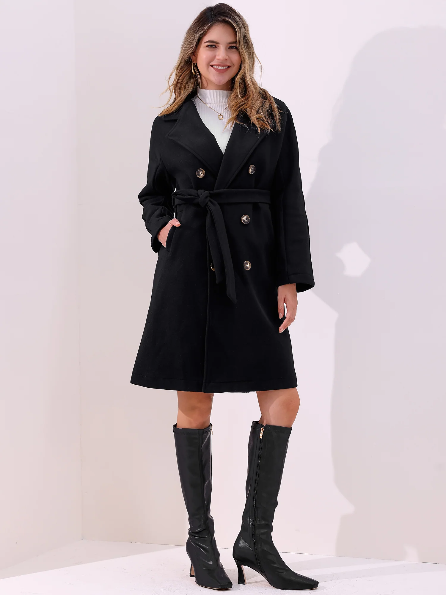 Solid Color Notched Lapel Double Breasted Belted Long Pea Coat
