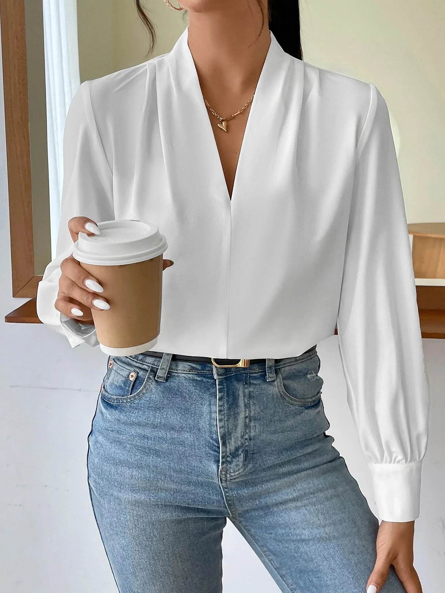 Classic Elegant V Neck Pleated Long Sleeves Solid Color Blouse