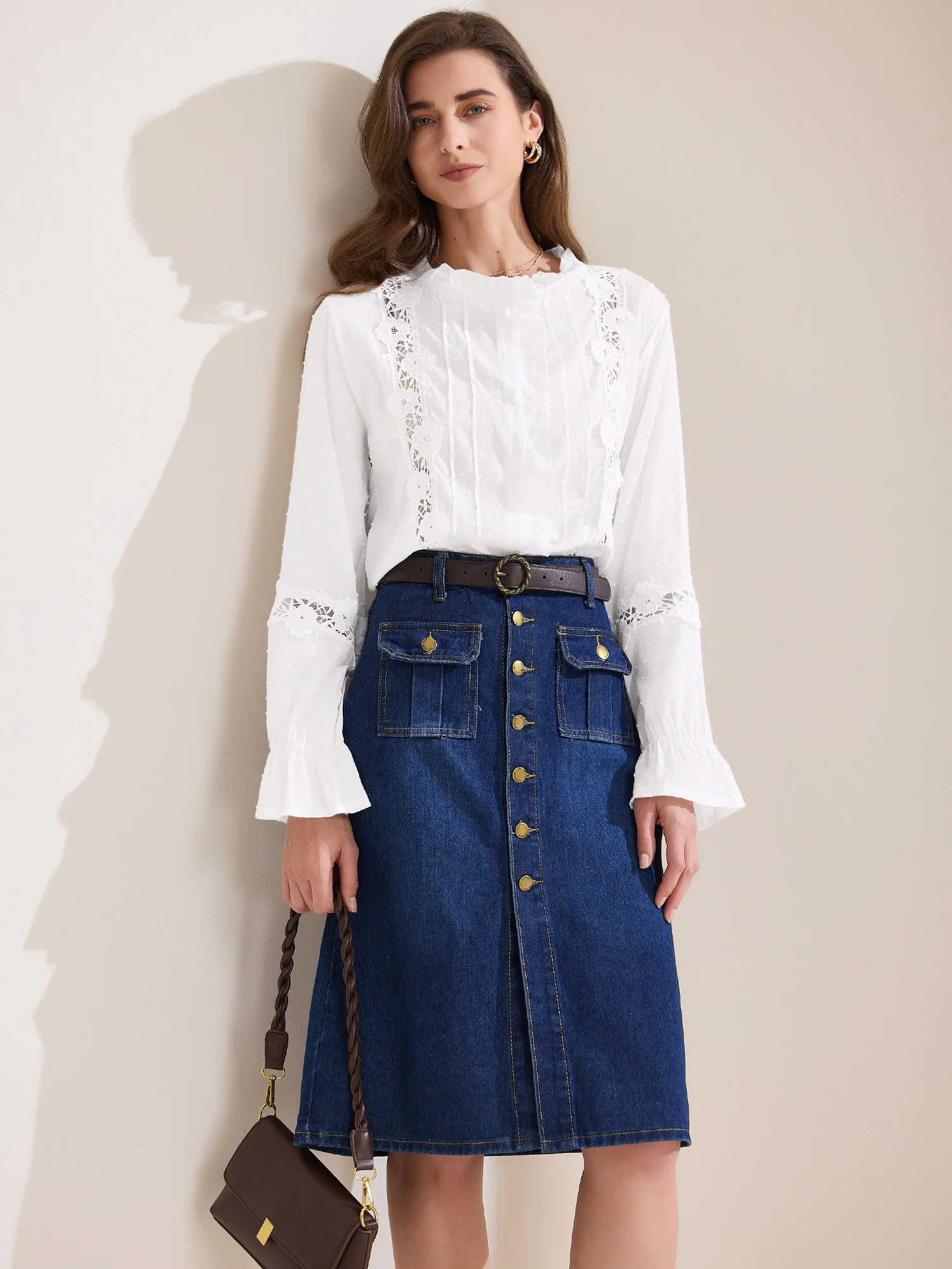 Swiss Dots Ruffle Neck Long Sleeve Lace Blouse