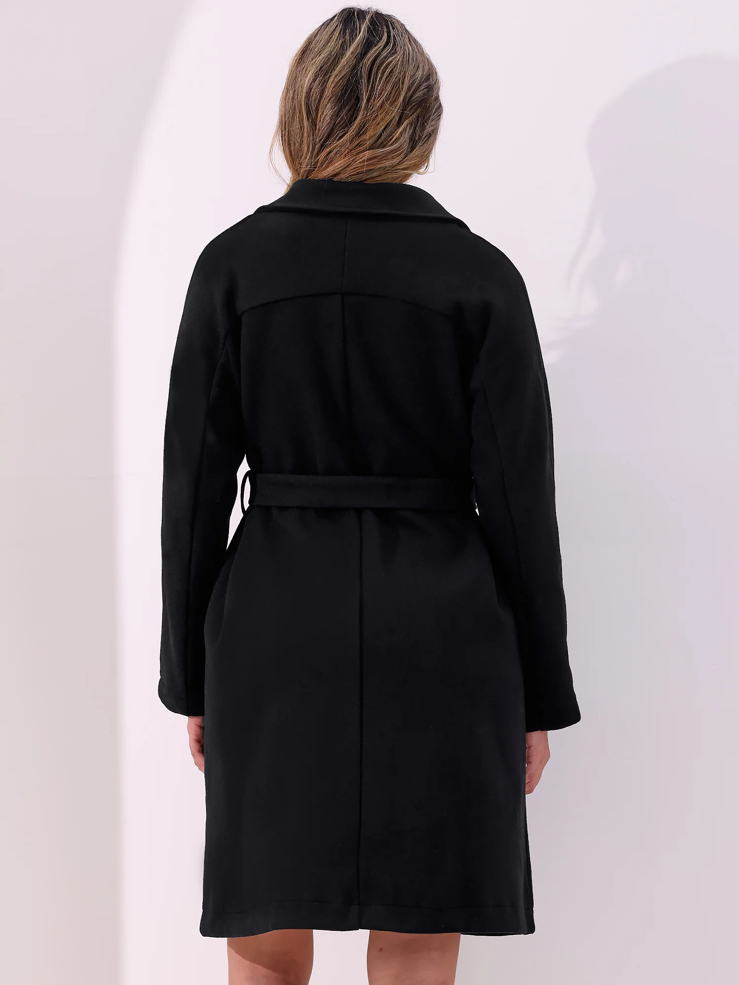 Solid Color Notched Lapel Double Breasted Belted Long Pea Coat