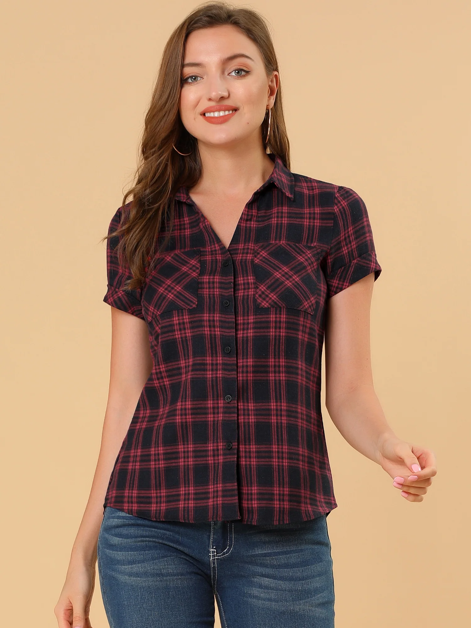 Cotton Classic Button Down Plaid Short Sleeve Shirt
