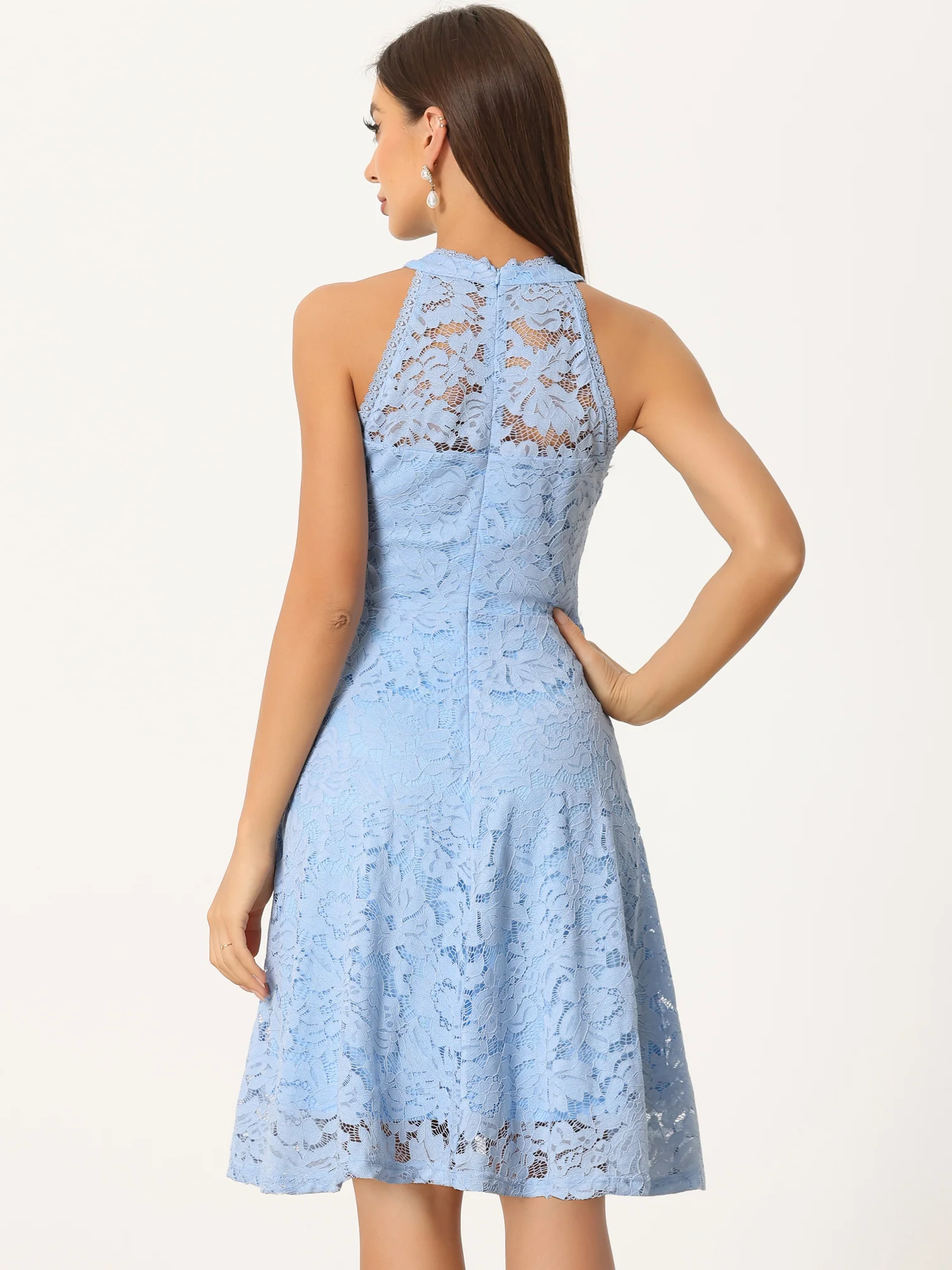 Lace Halter Neck Sleeveless Elegant Cocktail A-Line Dress