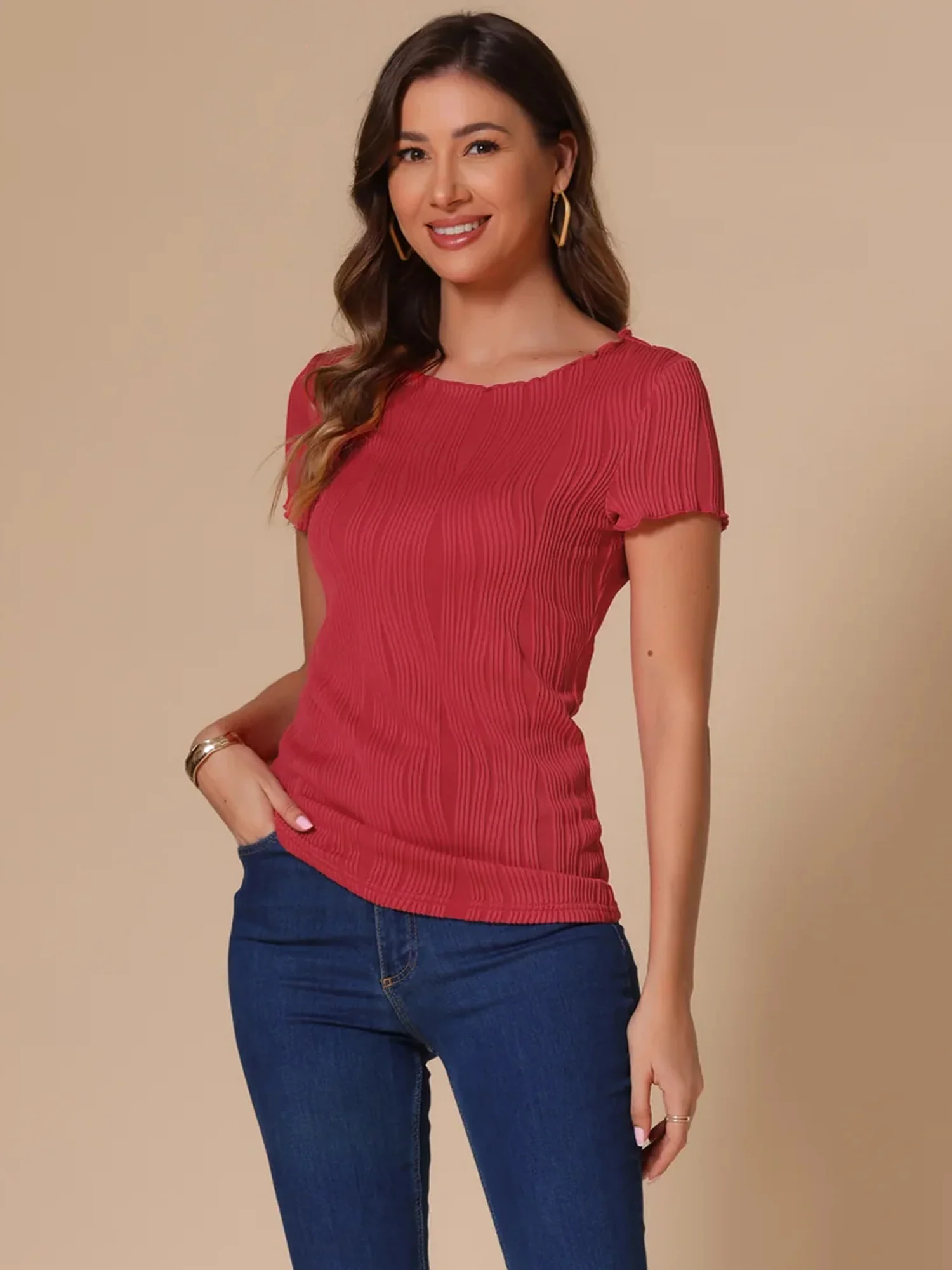 Short Sleeve Round Neck Textured Solid Color Blouse
