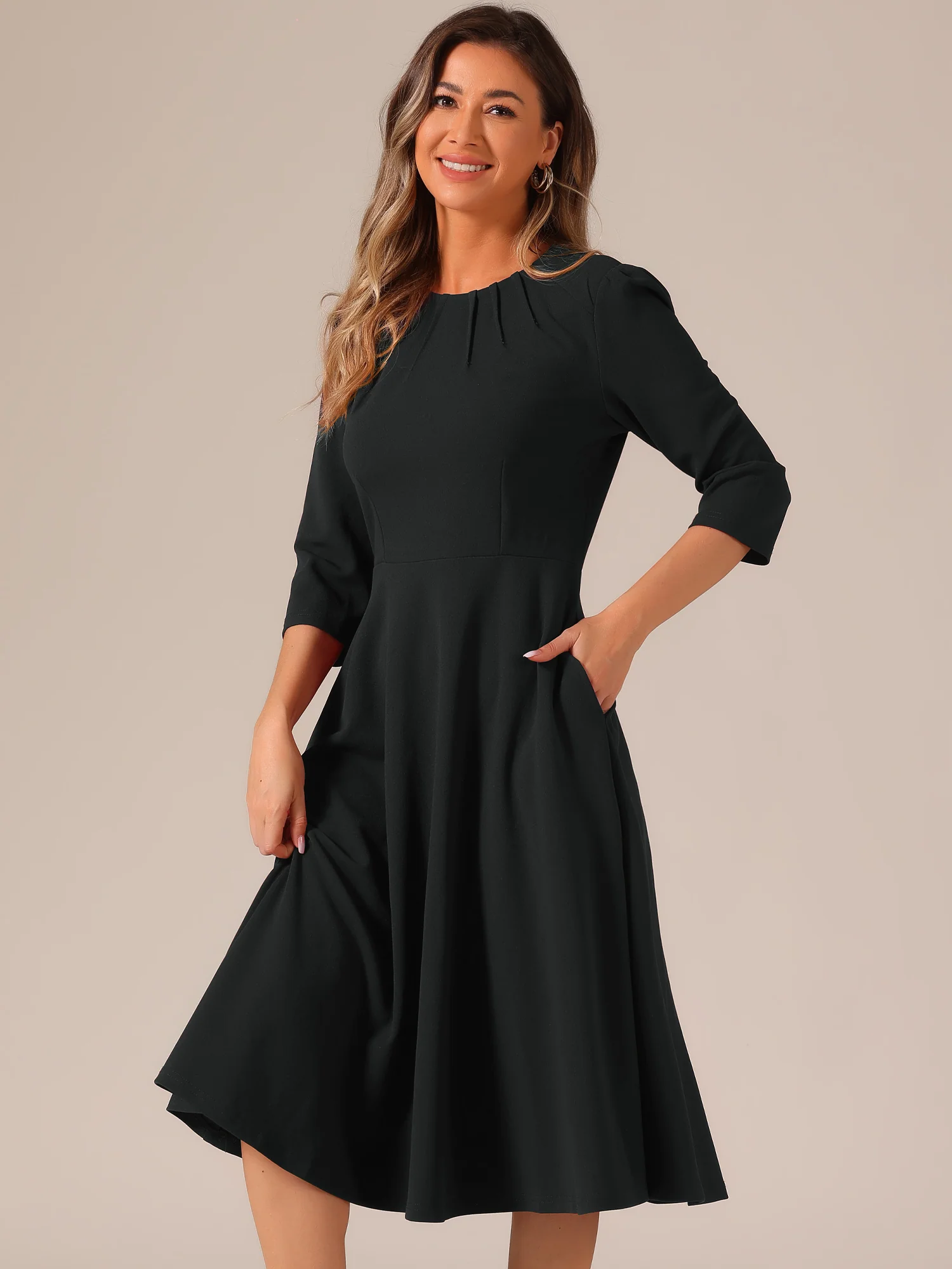 3/4 Sleeve Pleated Round Neck Pocketed A-Line Swing Midi Dress