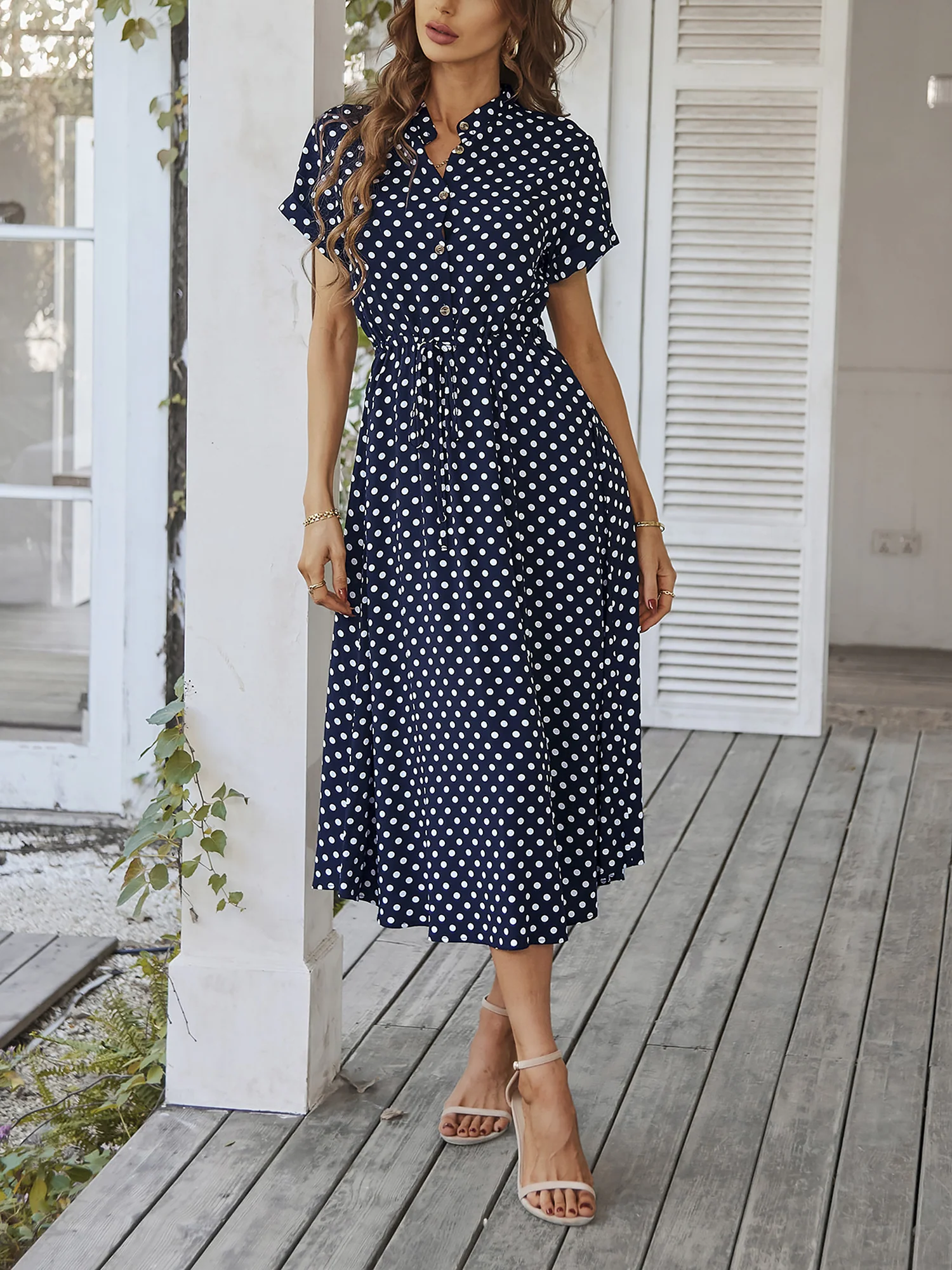 Polka Dot Short Sleeves Button Midi Shirt Dress