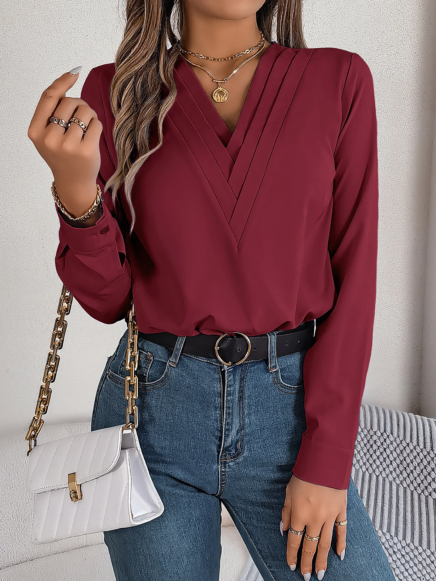Solid Color Double Layer Breathable V Neck Long Sleeve Casual Business Work Blouse