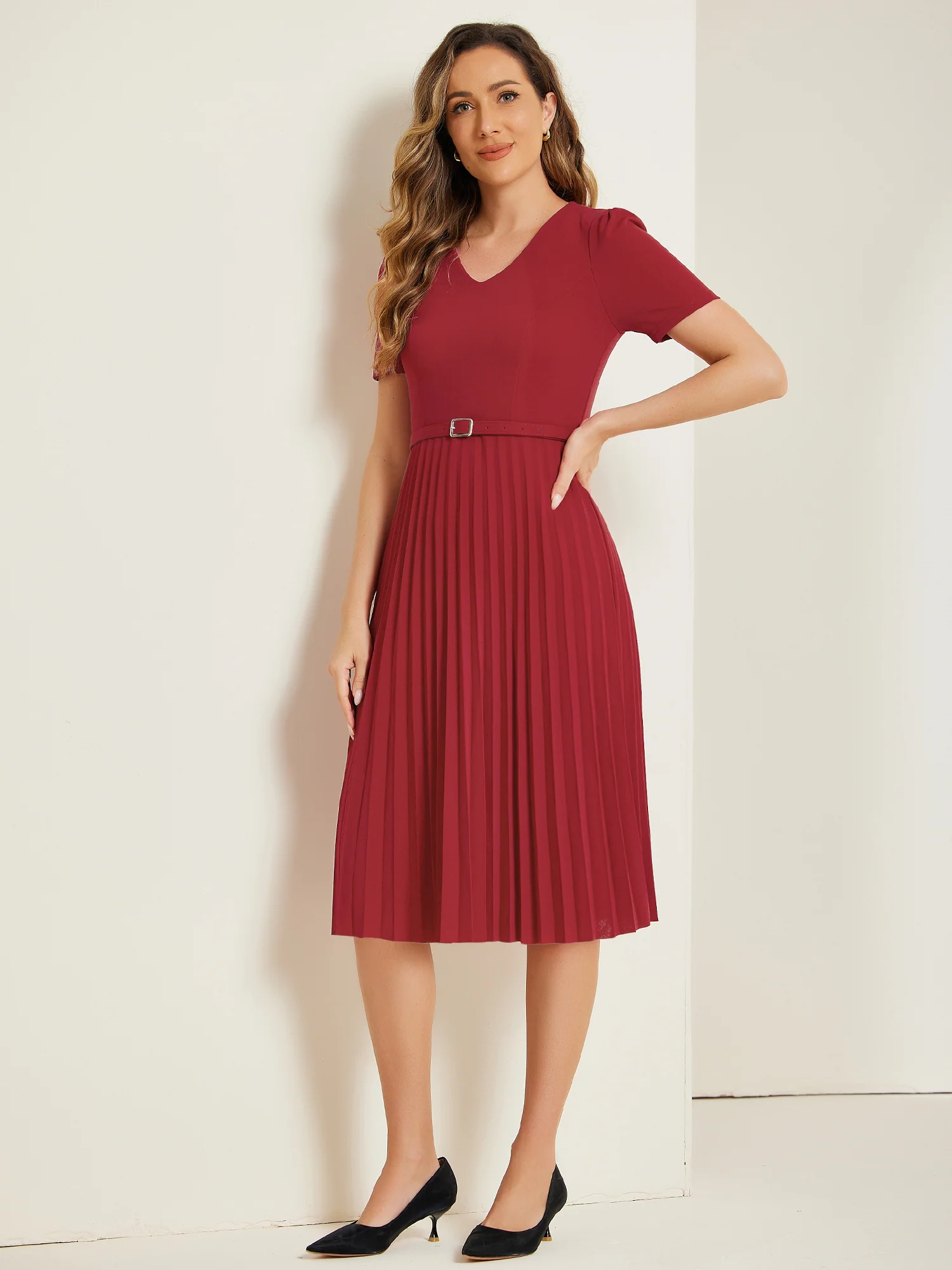 V-Neck Short Sleeve Belted A-Line Pleated Midi Dress
