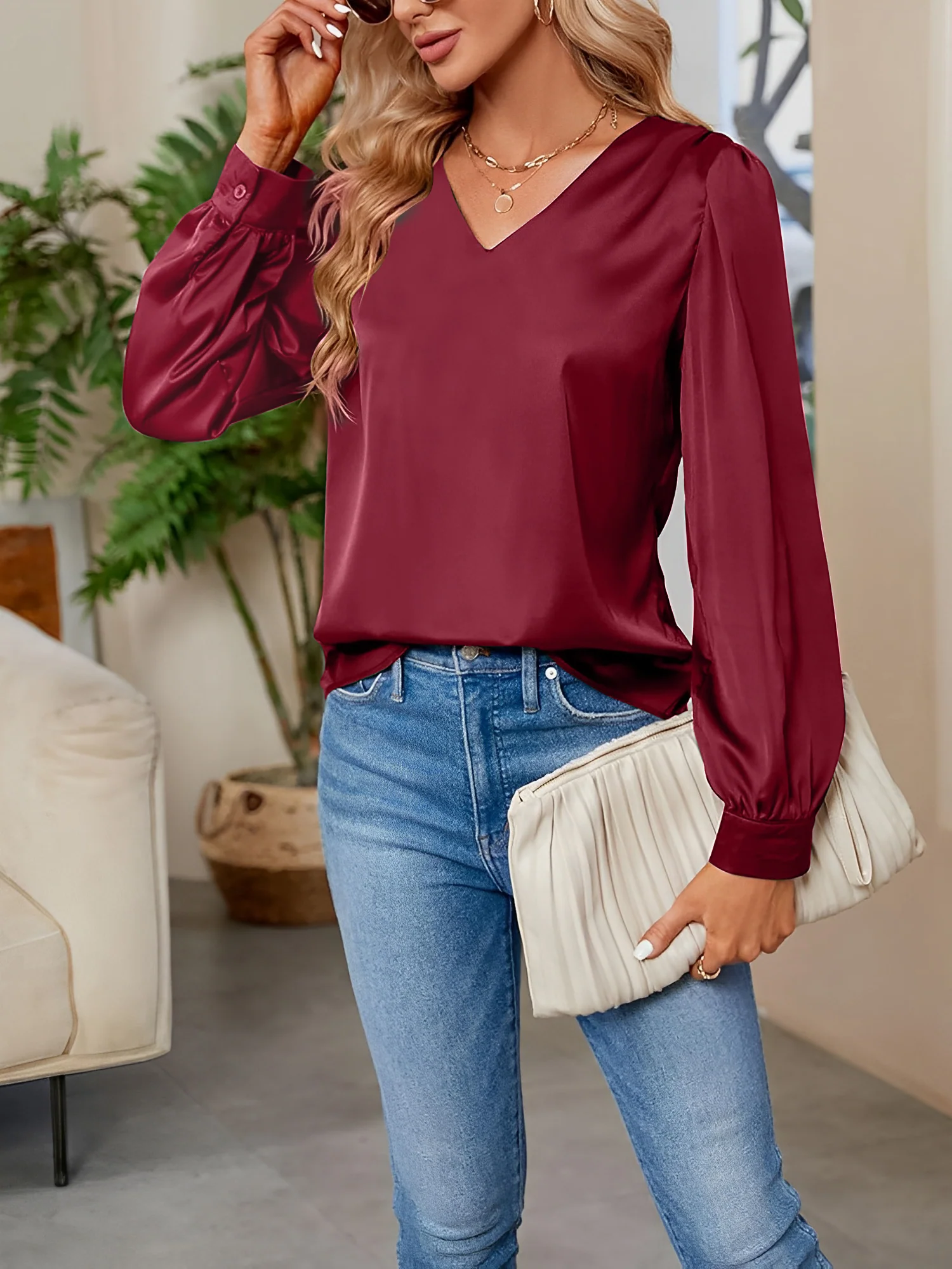 Satin Puff Long Sleeve V Neck Casual Blouse