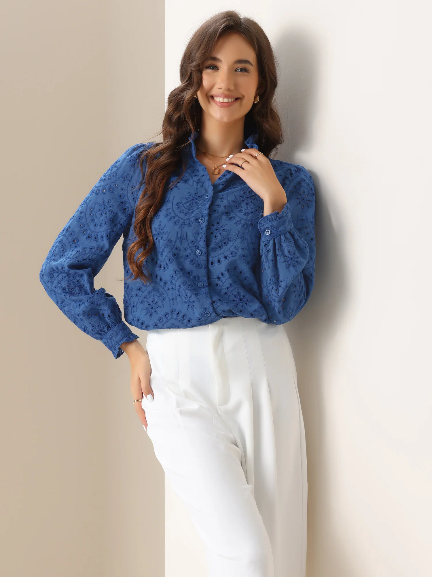 Long Sleeve Ruffled Eyelet Solid Color Shirts