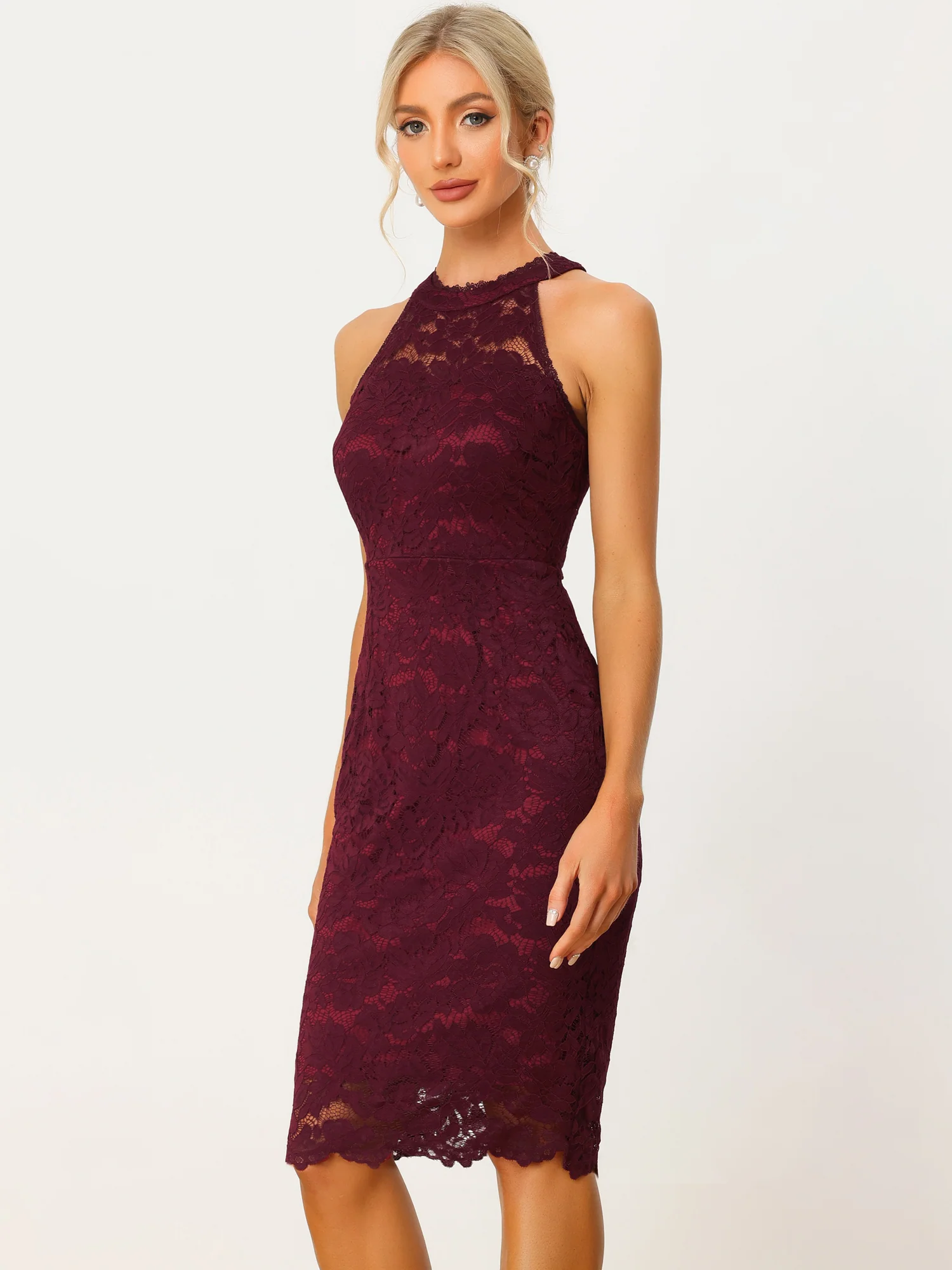 Lace Halter Elegant Sleeveless Bodycon Wedding Cocktail Sheath Dress