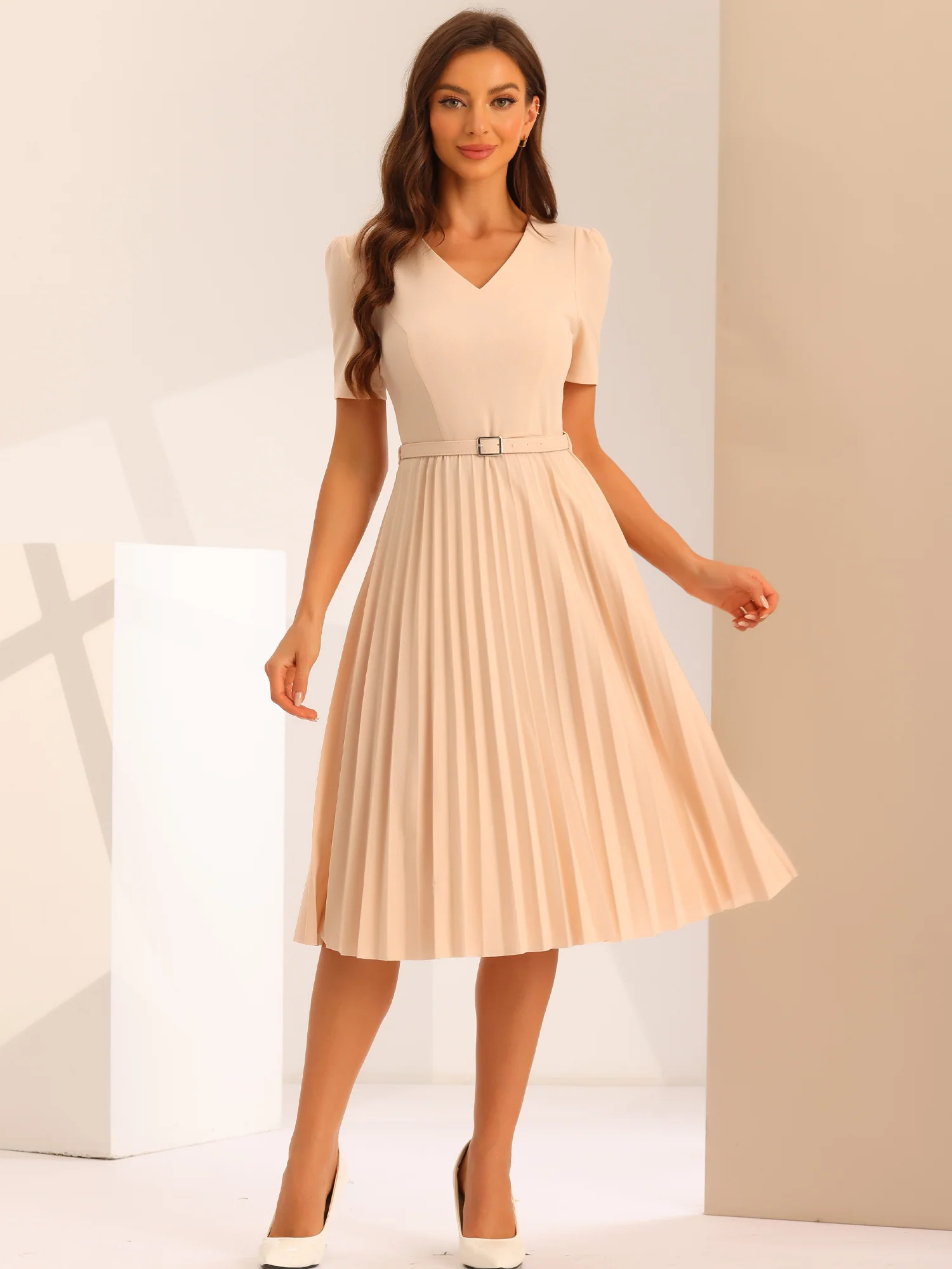 V-Neck Short Sleeve Belted A-Line Pleated Midi Dress
