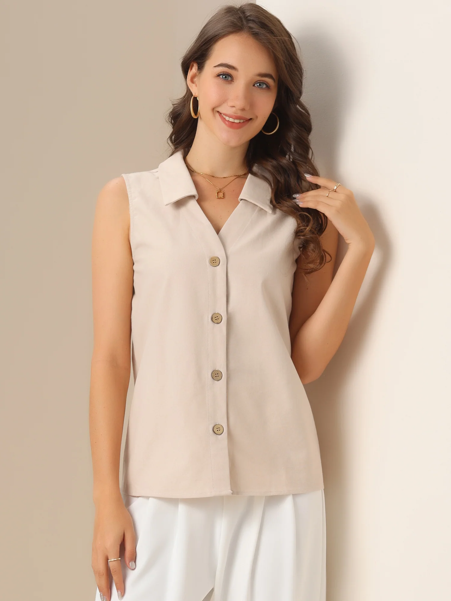 Sleeveless Work Button Down Collared Linen Tops