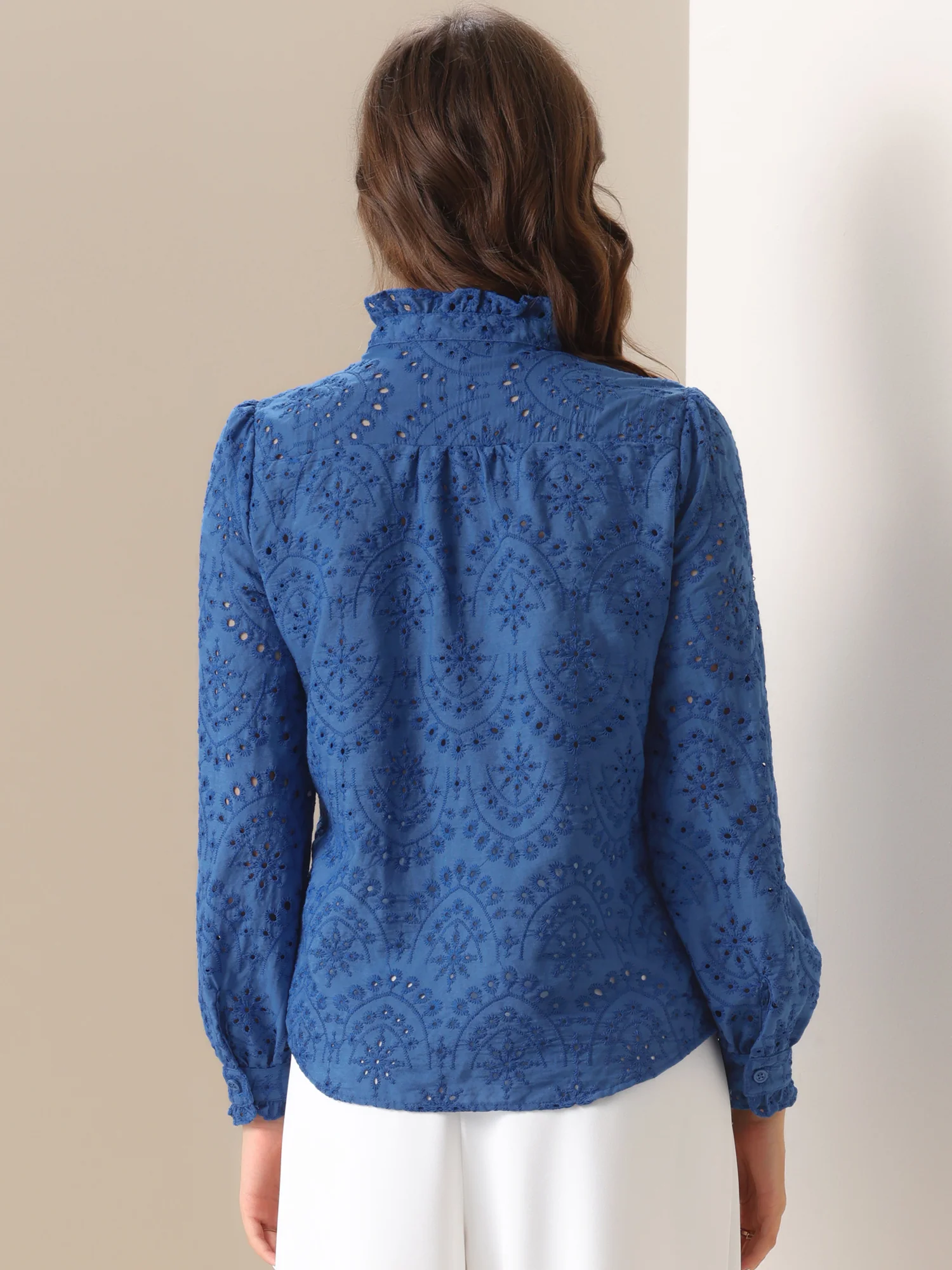 Long Sleeve Ruffled Eyelet Solid Color Shirts