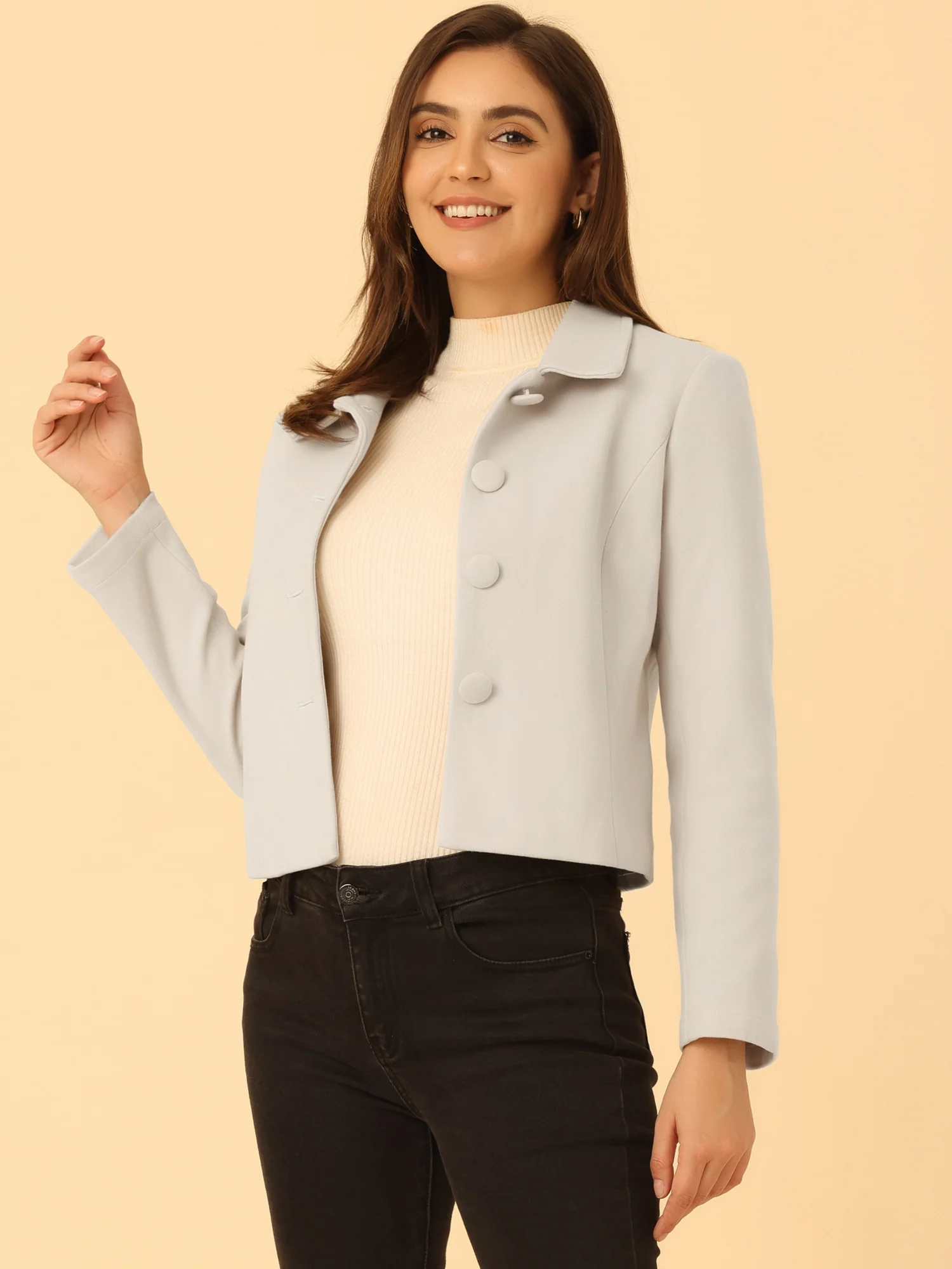 Pointed Collar Single Breasted Slant Pocket Cropped Pea Coat