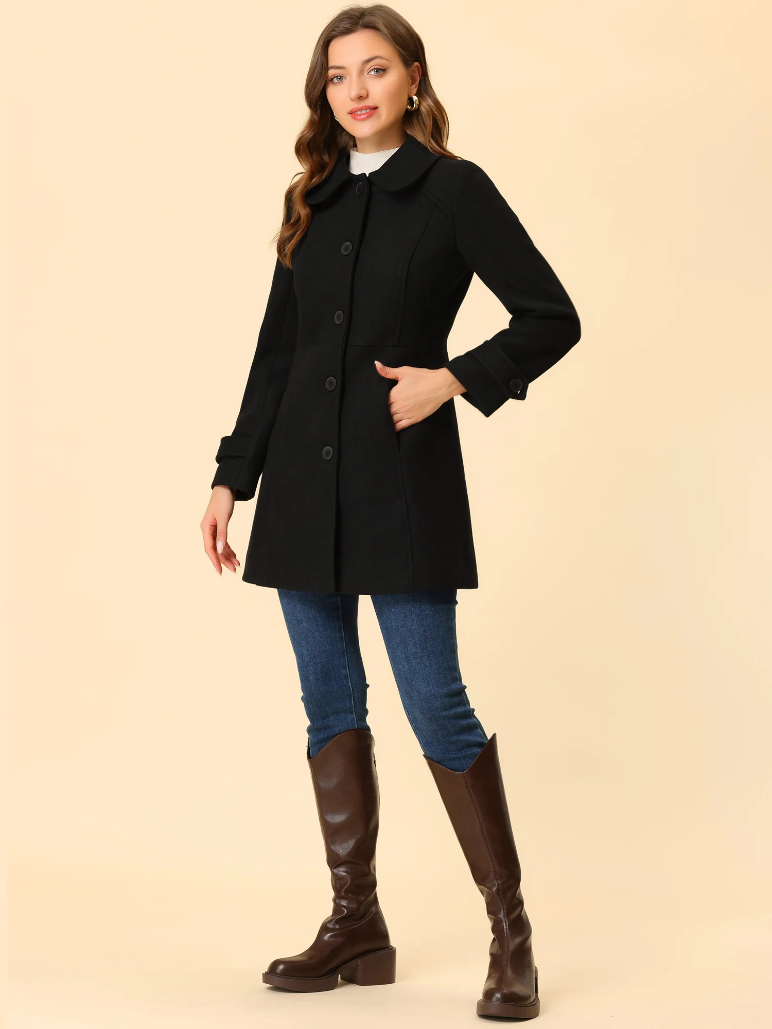 Peter Pan Collar Single Breasted Winter Outwear Buttoned Long Coat