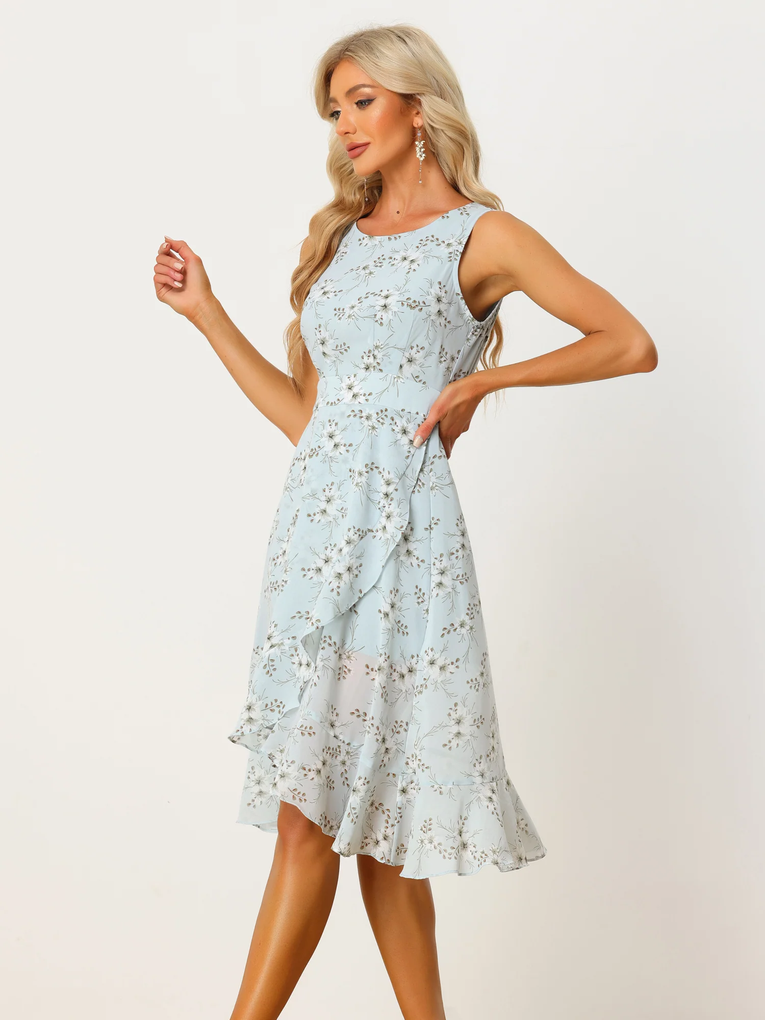 Ruffle High Low Hem Round Neck Sleeveless Floral Midi Dress
