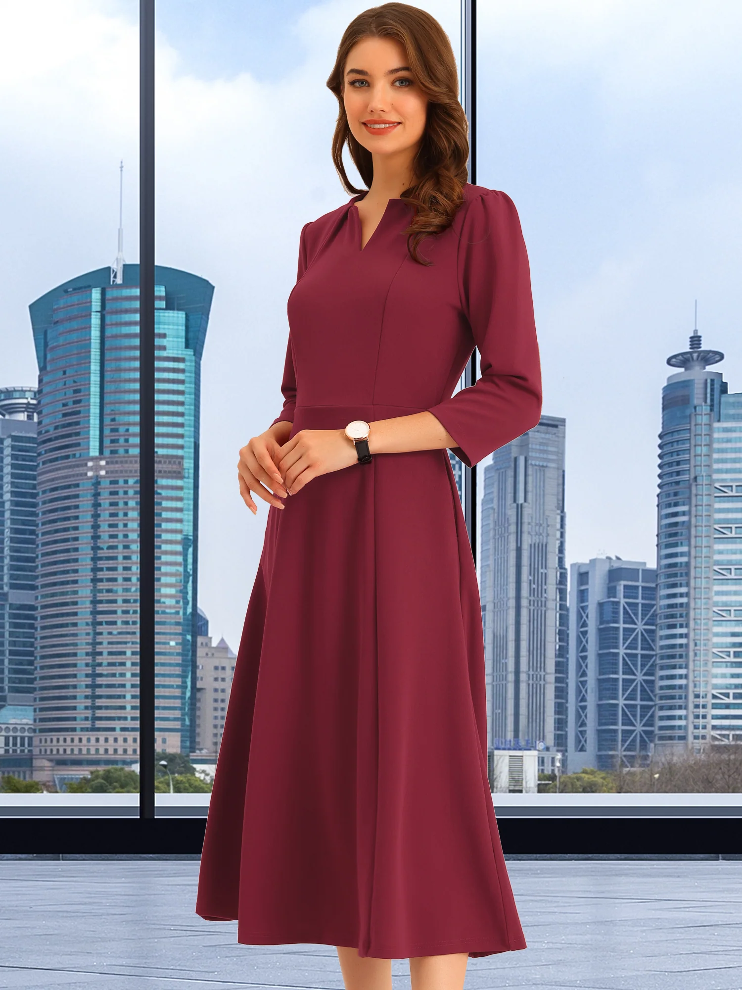 Notch Neck Pocketed 3/4 Sleeve Solid A-Line Work Dress