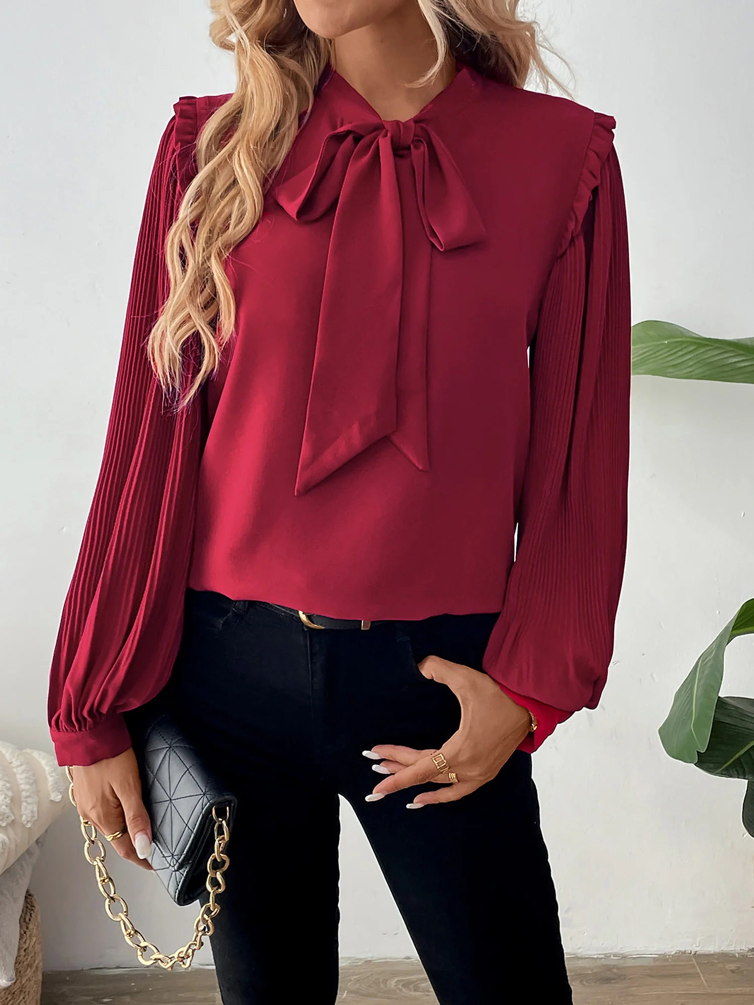 Pleated Long Sleeves Bow Tie Solid Color Blouse