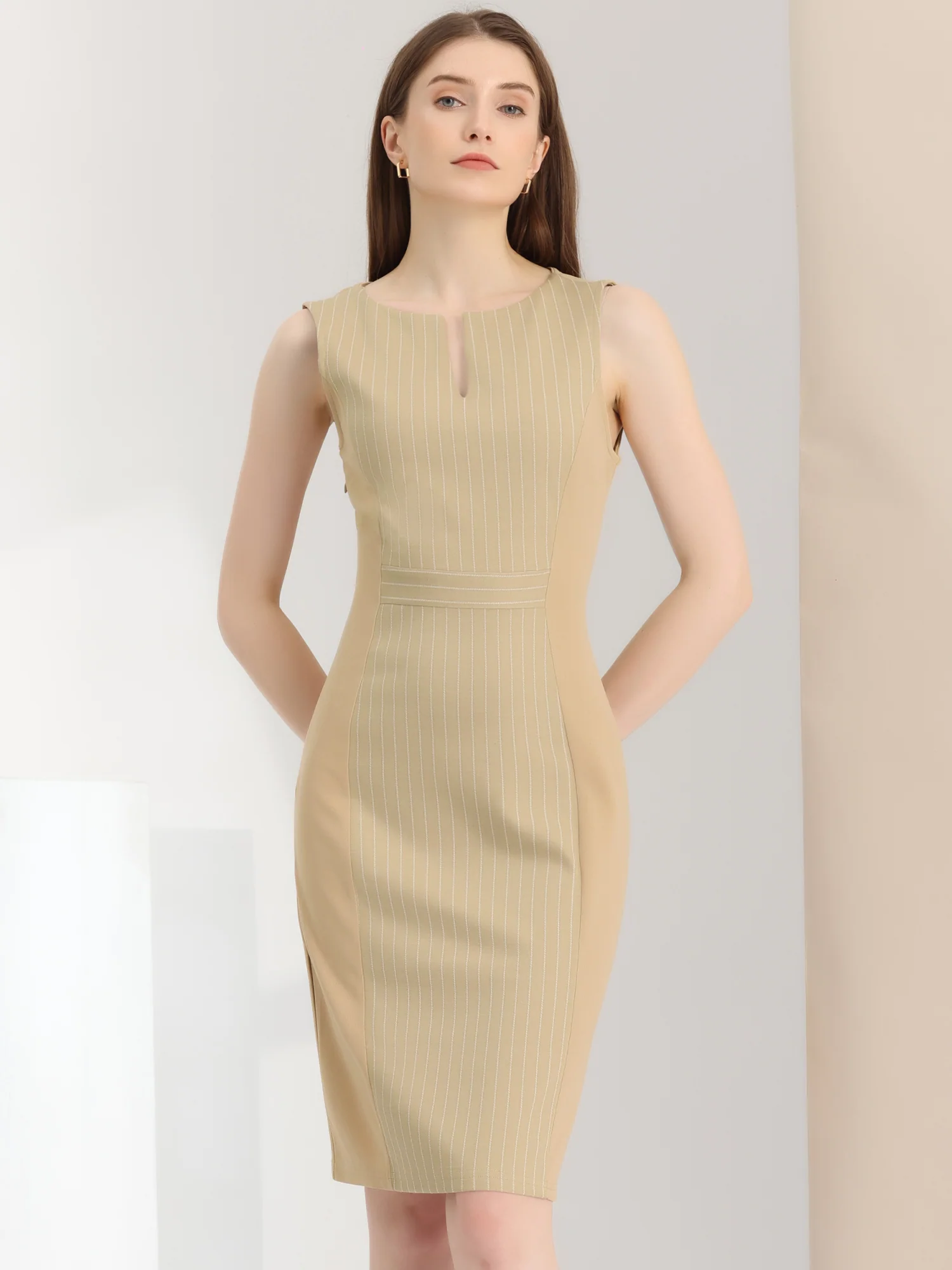 Sheath Striped Work Office Sleeveless Bodycon Pencil Dress