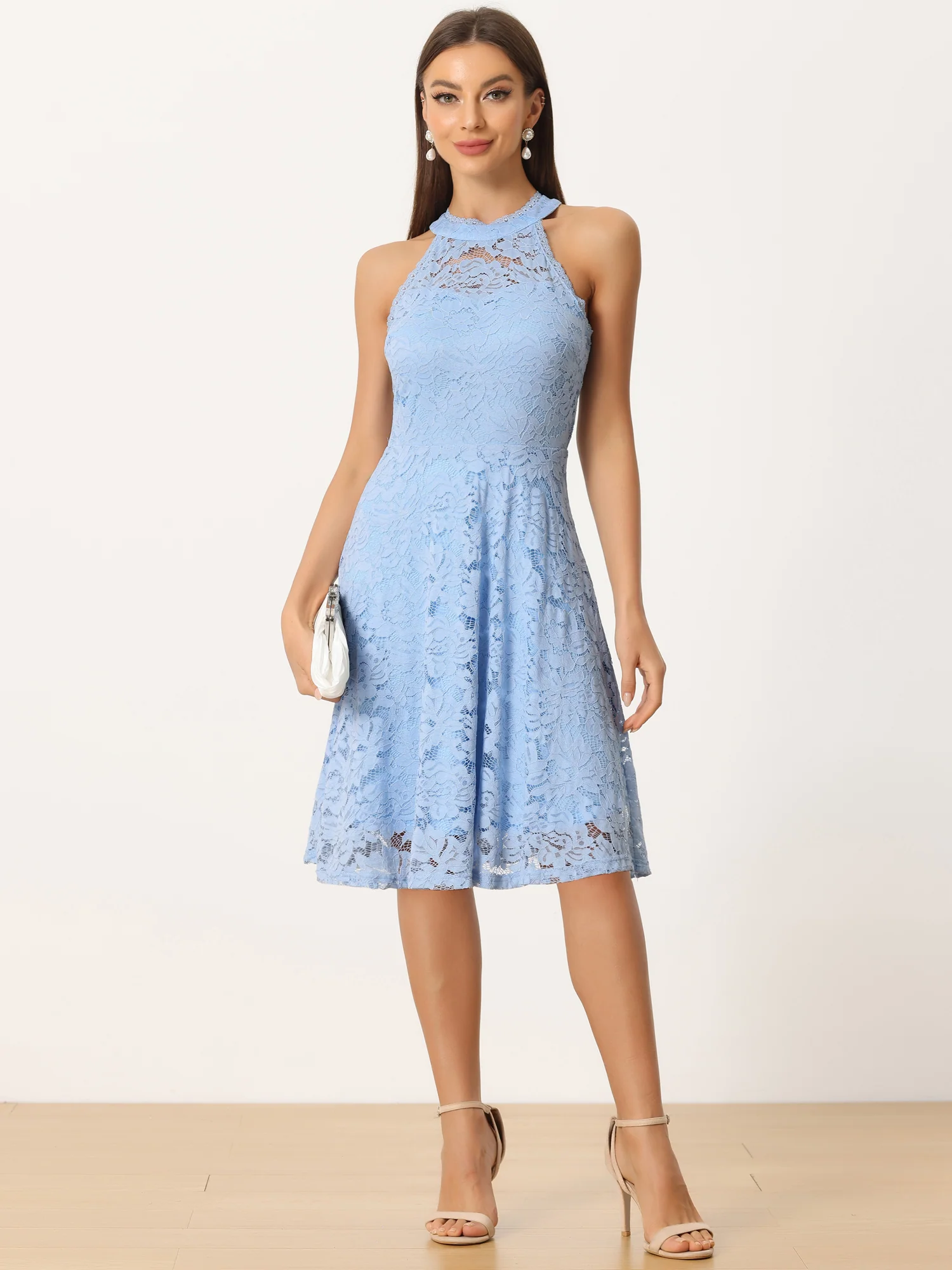Lace Halter Neck Sleeveless Elegant Cocktail A-Line Dress