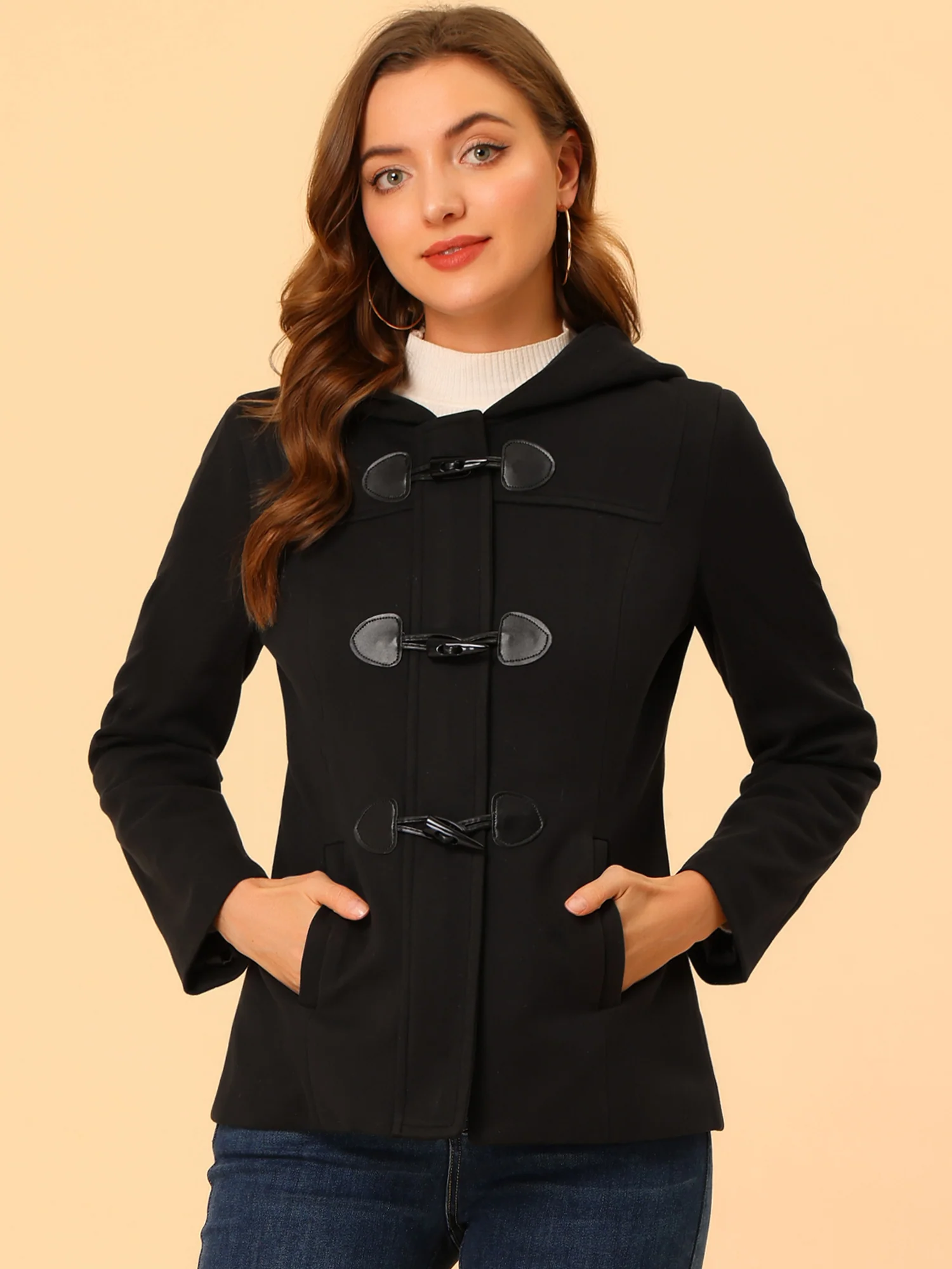 Casual Winter Outwear Hooded Button Toggle Pea Coat