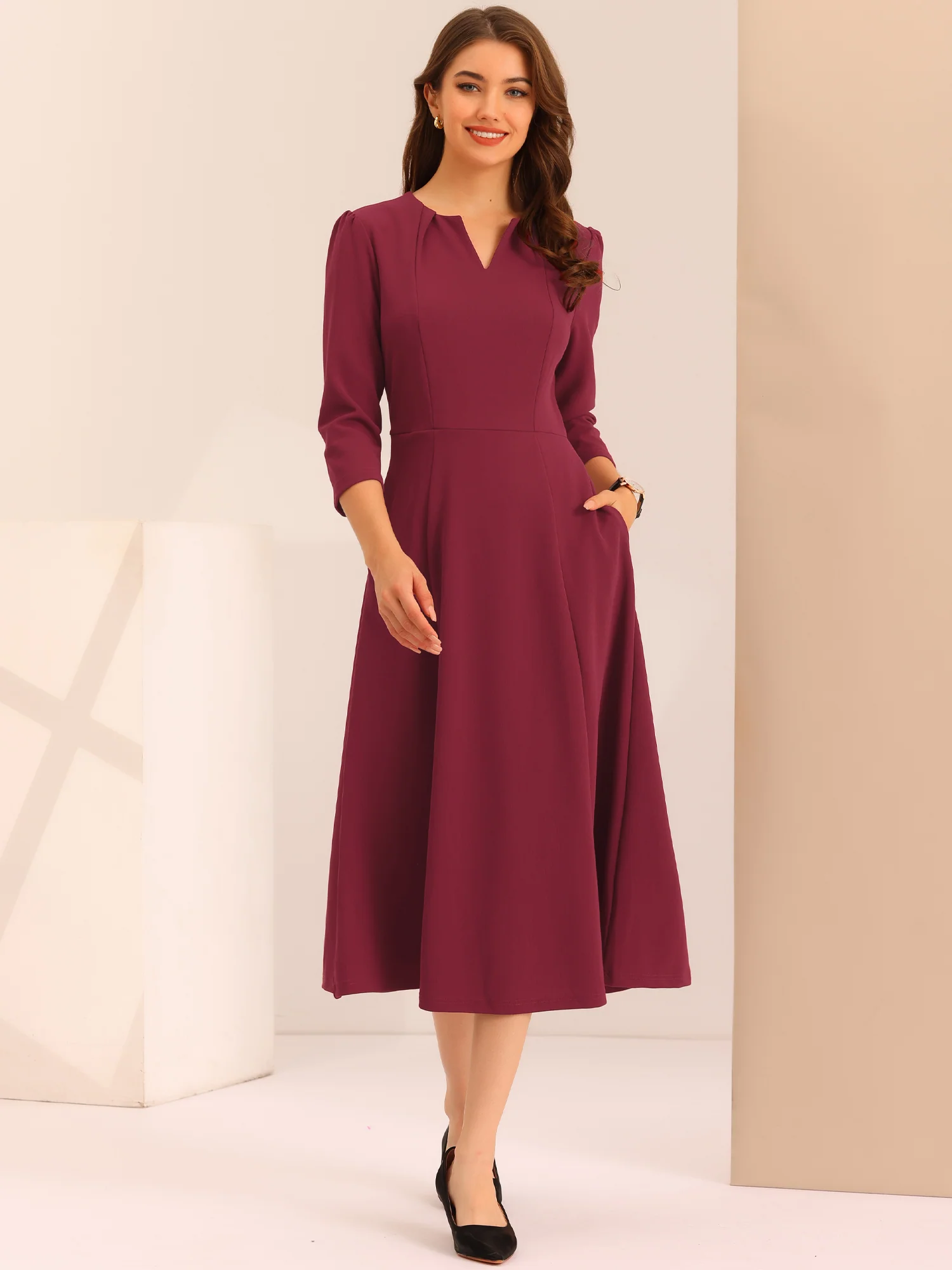 Notch Neck Pocketed 3/4 Sleeve Solid A-Line Work Dress