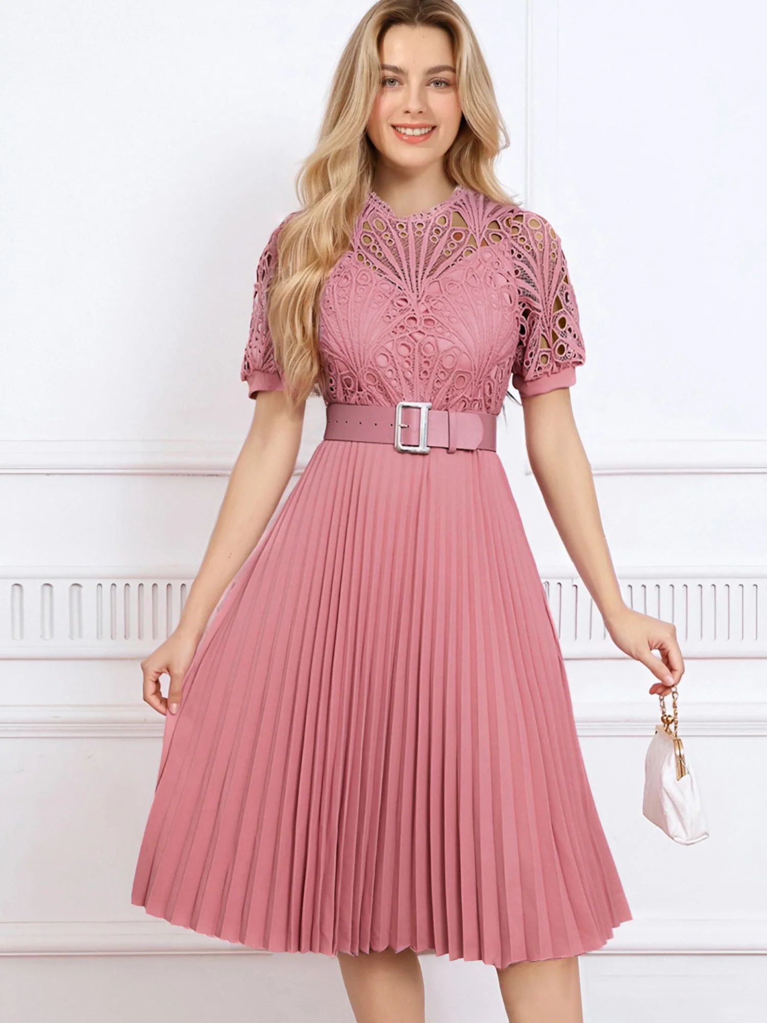 Elegant Vintage-Inspired Lace Patchwork Belted Pleated Midi Dress